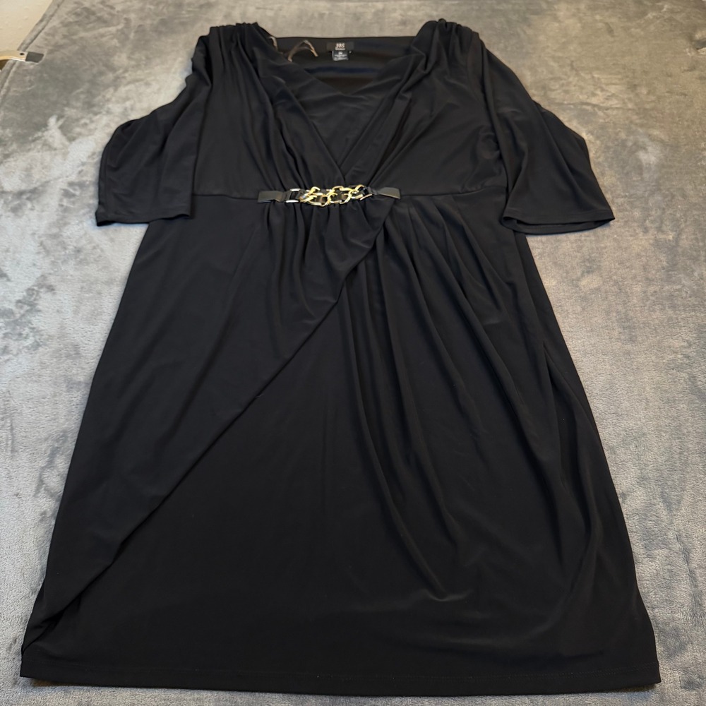JBS Women Ruched Sheath Dress Womens 2X Black Gold Chain Accent 3/4 Sleeve